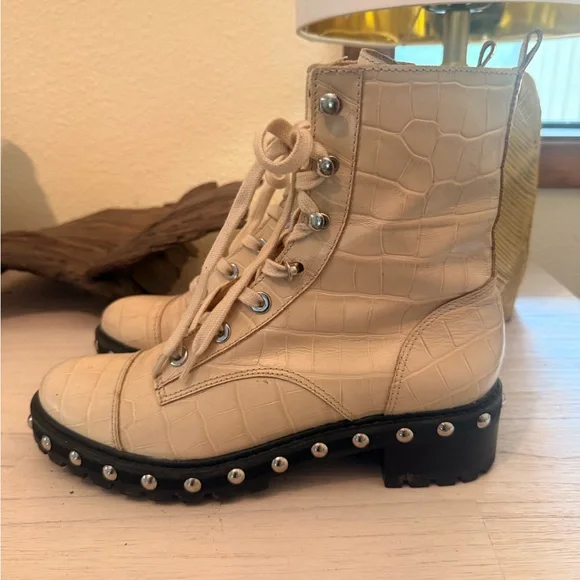 SCHUTZ Cream Croc-Embossed Combat Boots with stud detail - Picture 3 of 9